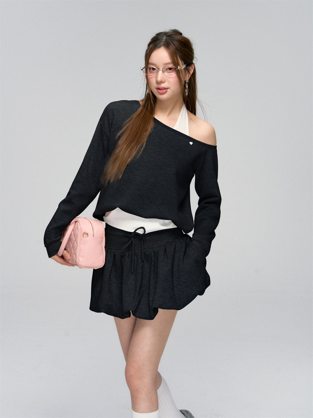 Gray Sporty Slanted Sweatshirt & Skirt Set - CHINASQUAD