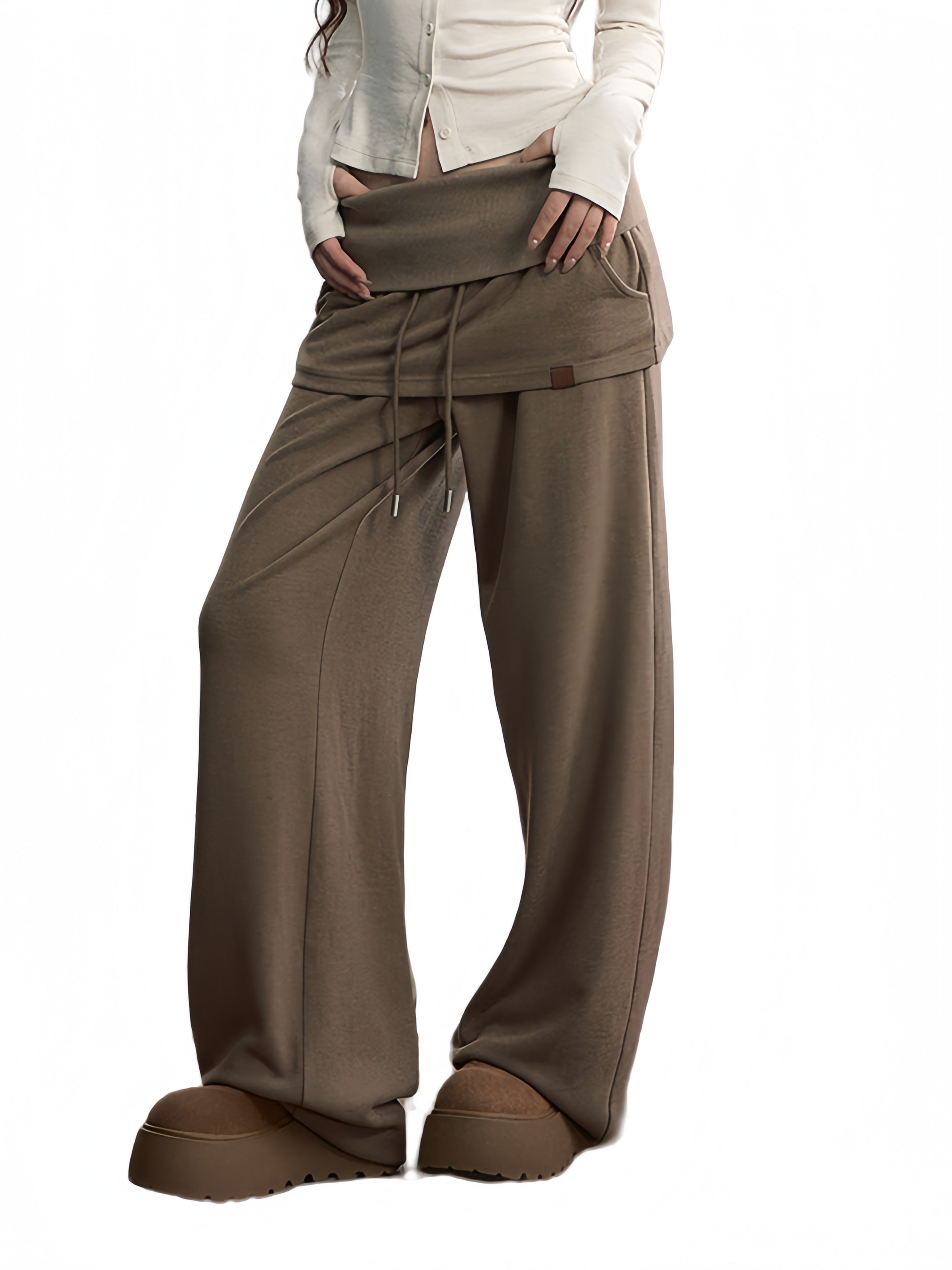 Folded Waist Skirt-Hem Wide-Leg Sweatpants - CHINASQUAD