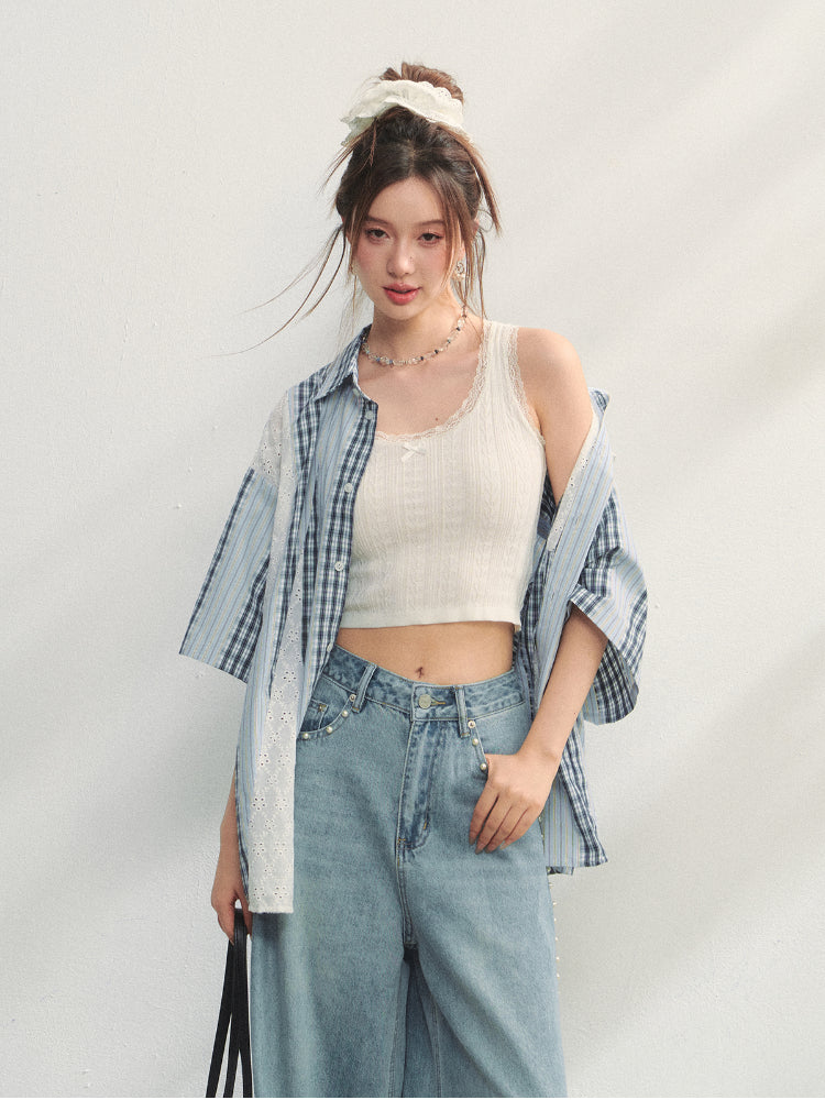 Lace - Plaid Embroidered Shirt - CHINASQUAD