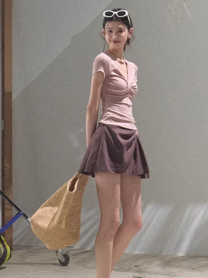 Leather Patch Lyocell–Linen A-Line Skirt