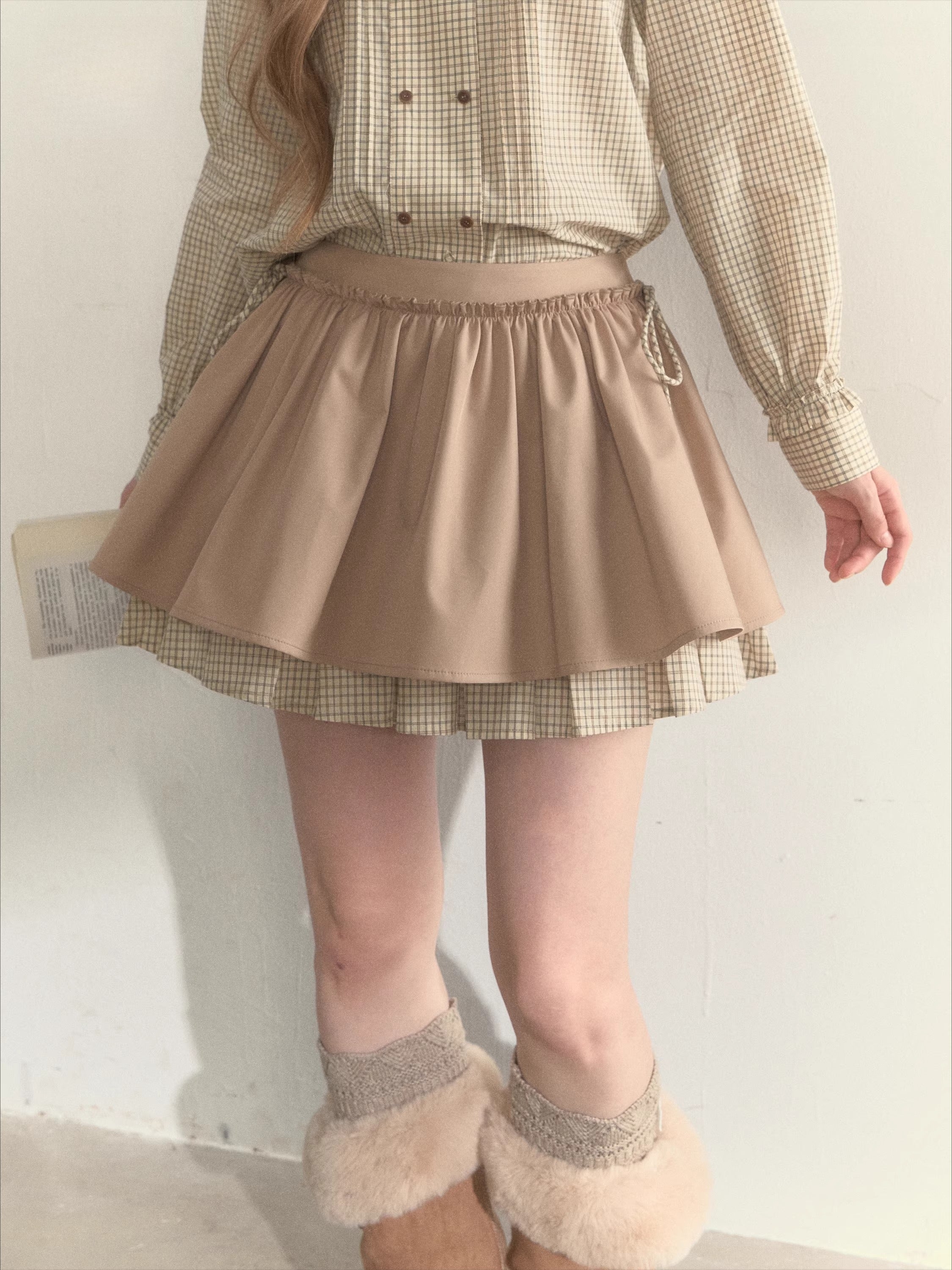 Retro Khaki Double-Layer Pleated Skirt