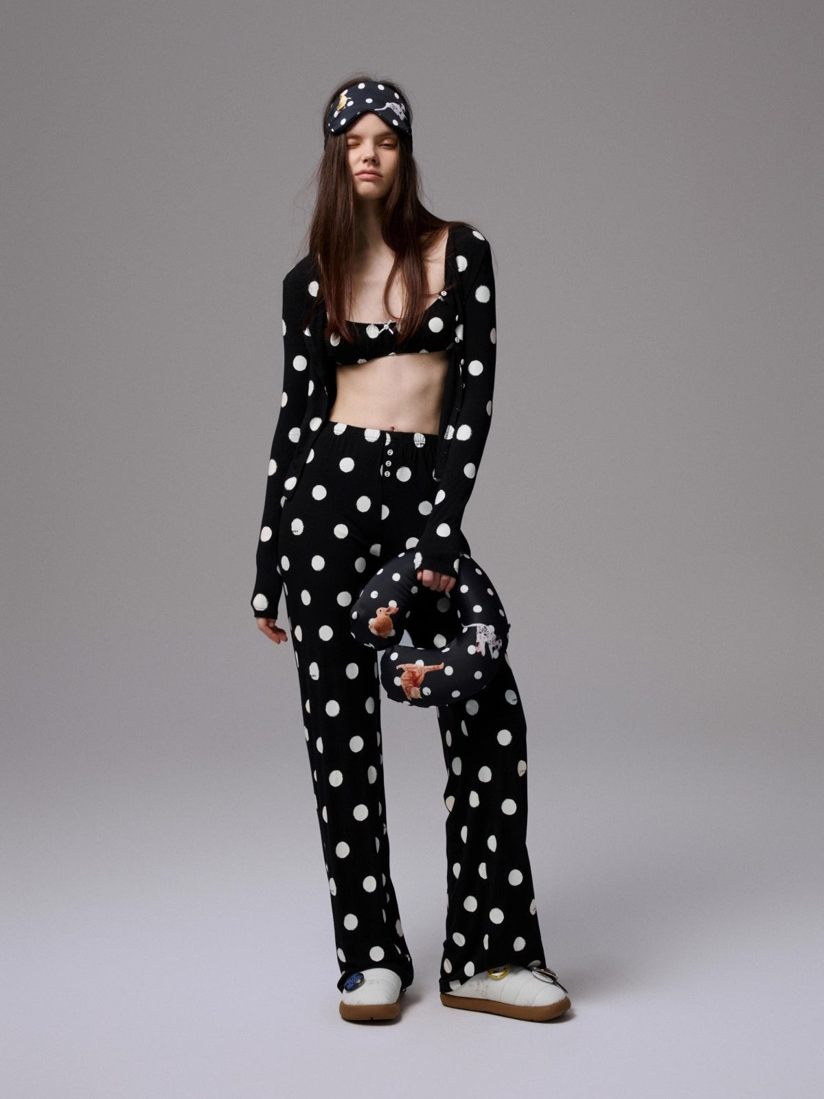Polka Dot Contrast Knit Cardigan & Lounge Pants Set