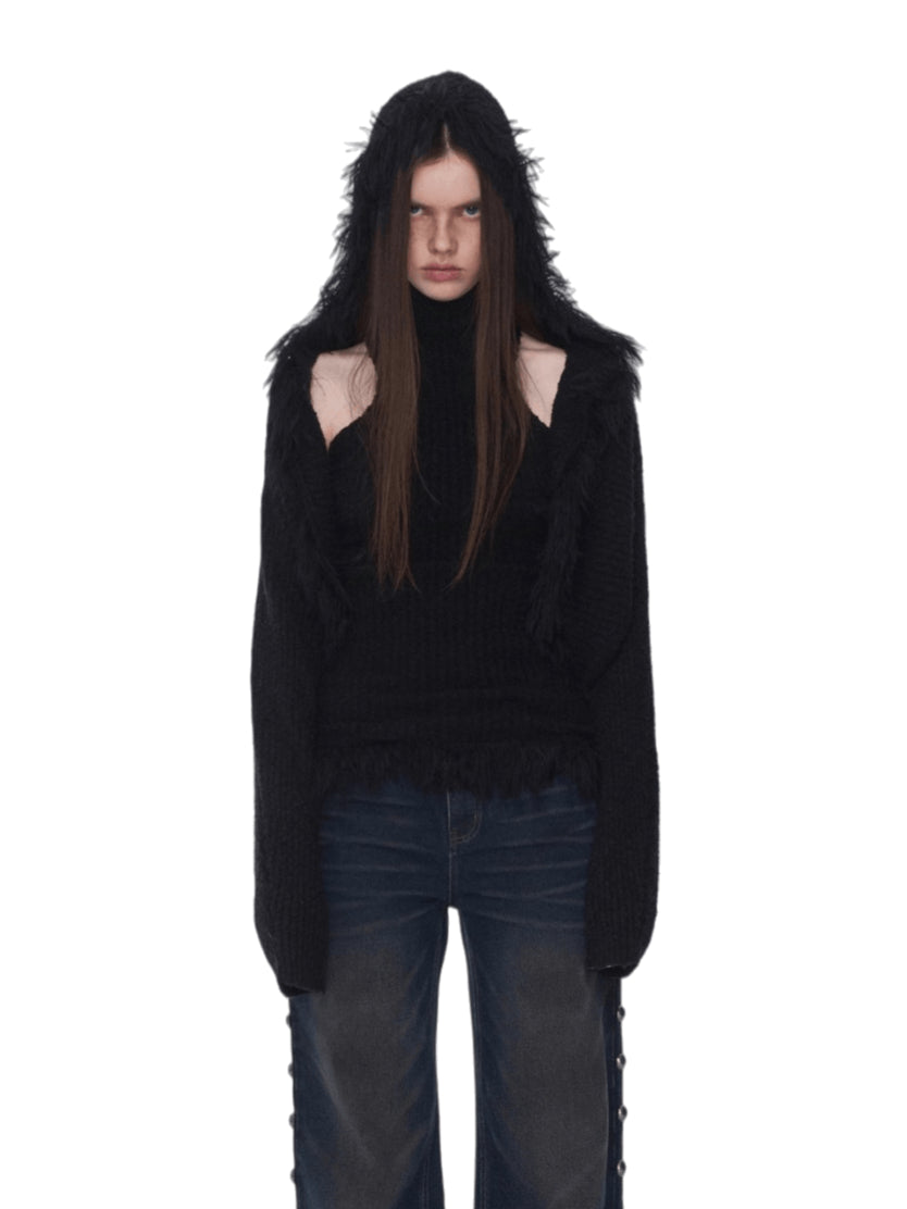 Fringe Knit Vest & Hooded Sleeveless Set