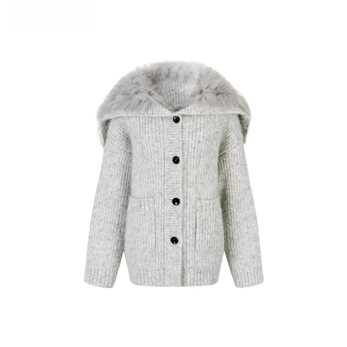 Fox Fur Collar Plush Knit Cardigan
