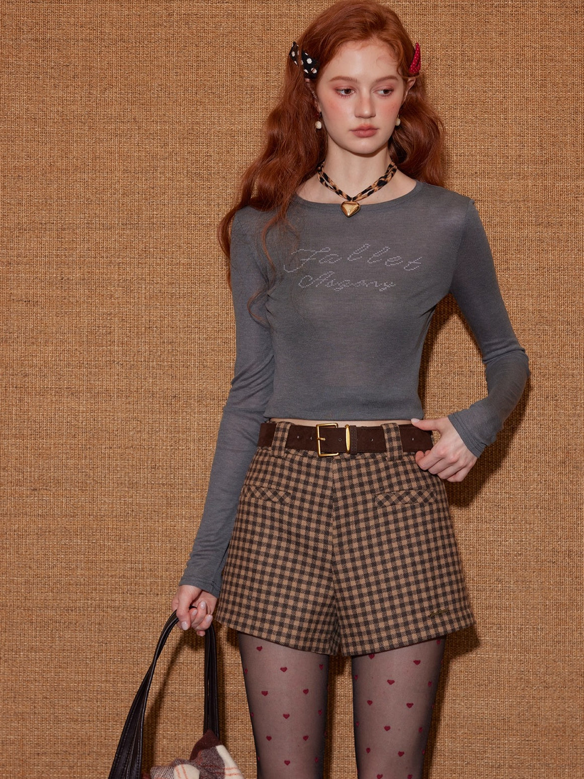 Plaid Suede Belted High-Waist A-Line Shorts - CHINASQUAD