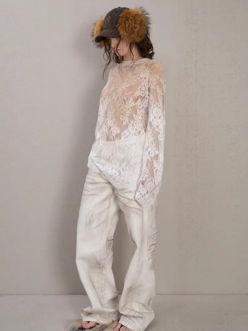 Layered Ribbed Lace-Trim Crewneck T-Shirt