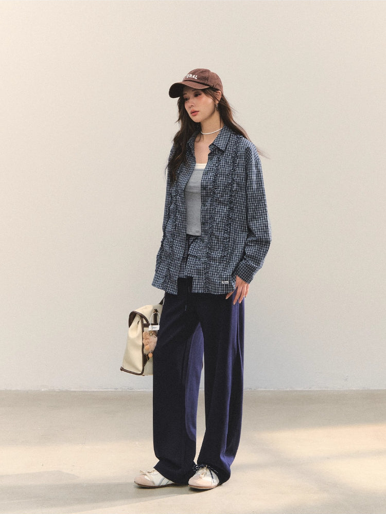Plaid Ruffle Pleated Loose Long-Sleeve Shirt