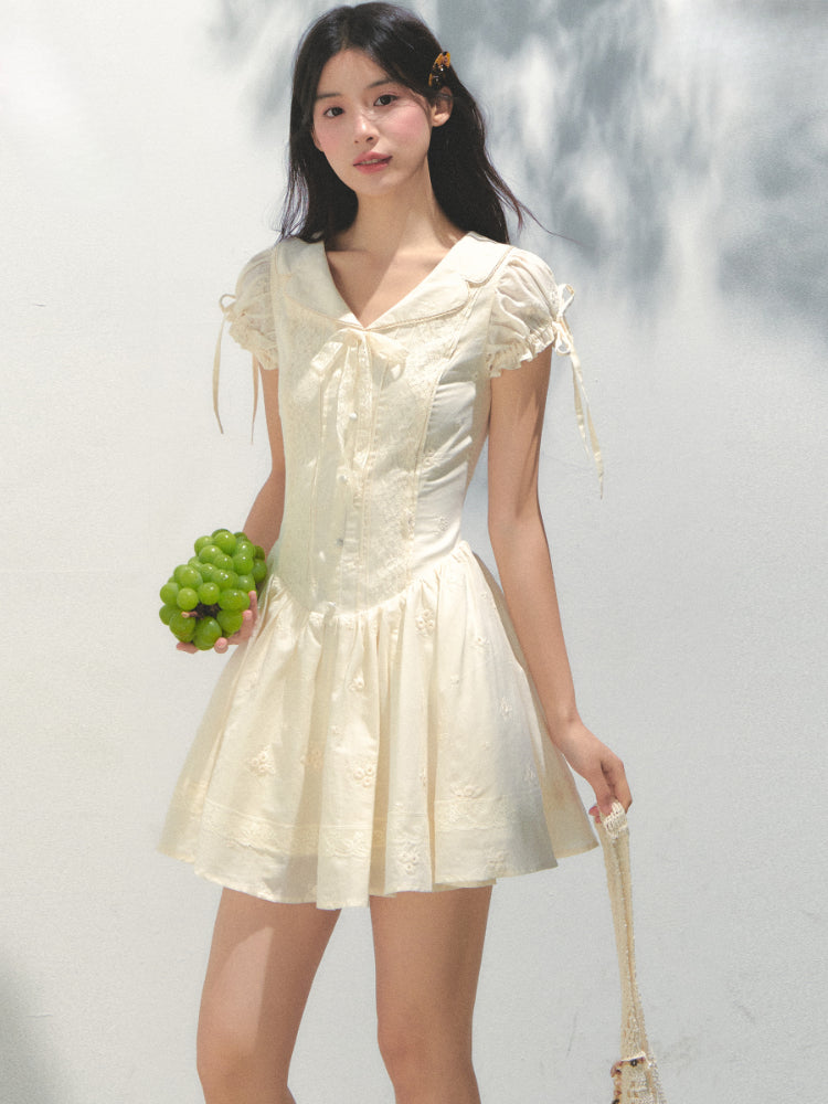 Embroidered Shirt-Collar Tea-Break Dress - CHINASQUAD