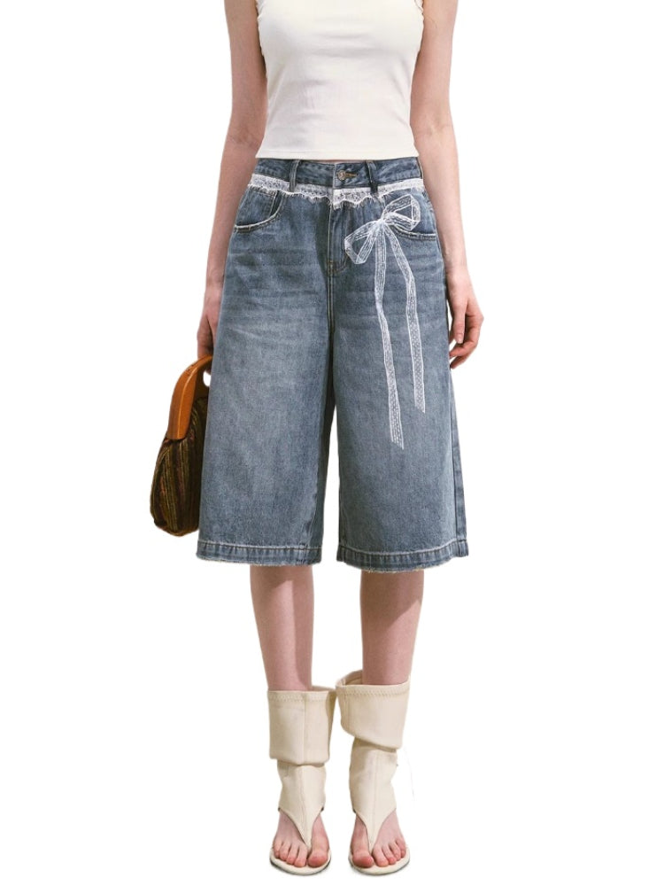 Imitation-Lace Printed High-Waist Denim Mid-Length Pants - CHINASQUAD