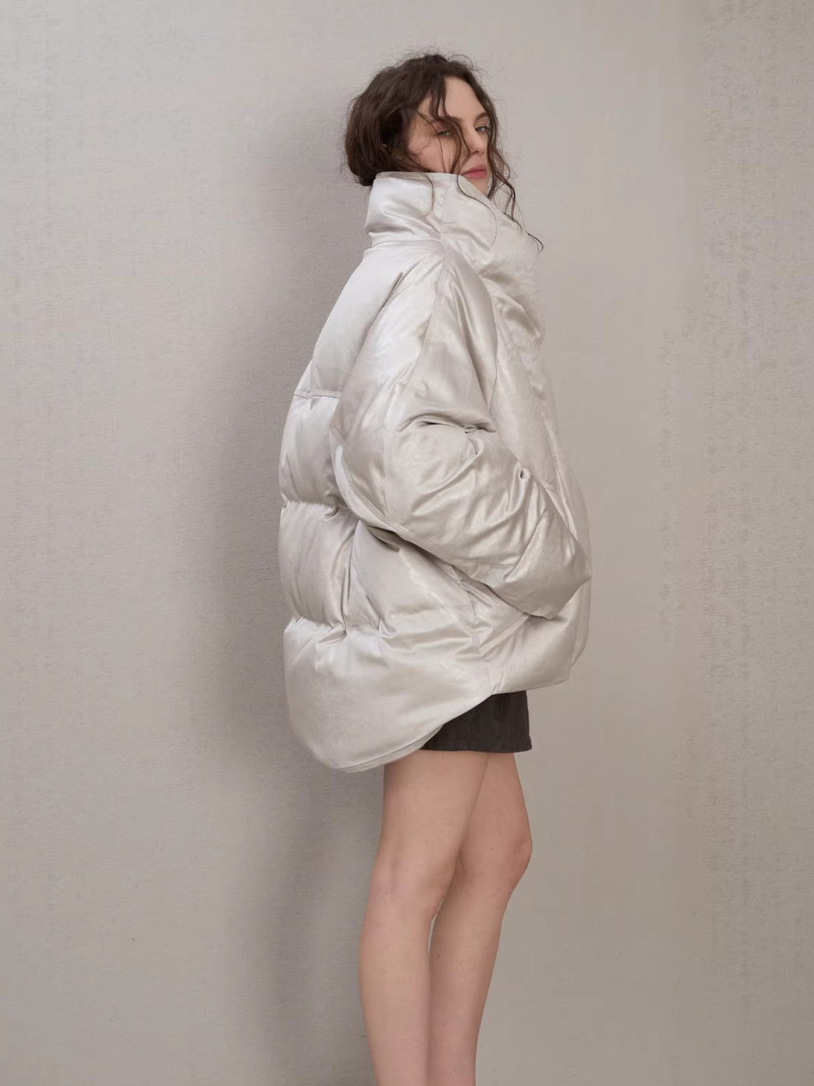 Oversized Leather-Texture Down Jacket