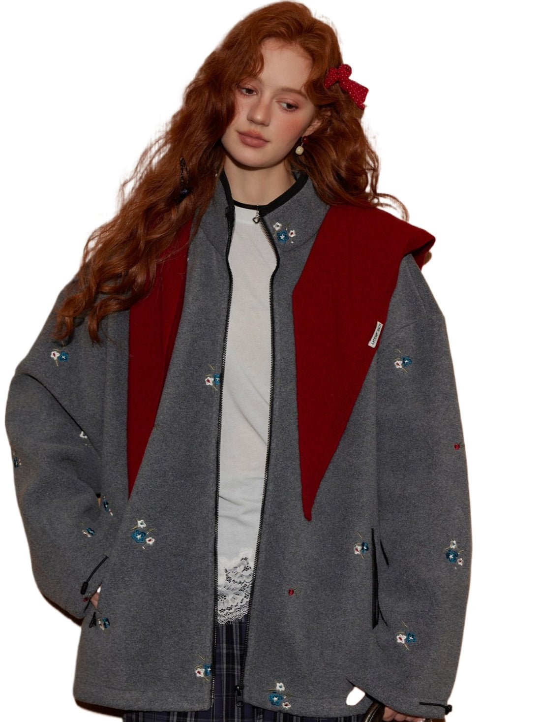 Floral Embroidered Plaid Fleece Oversized Jacket