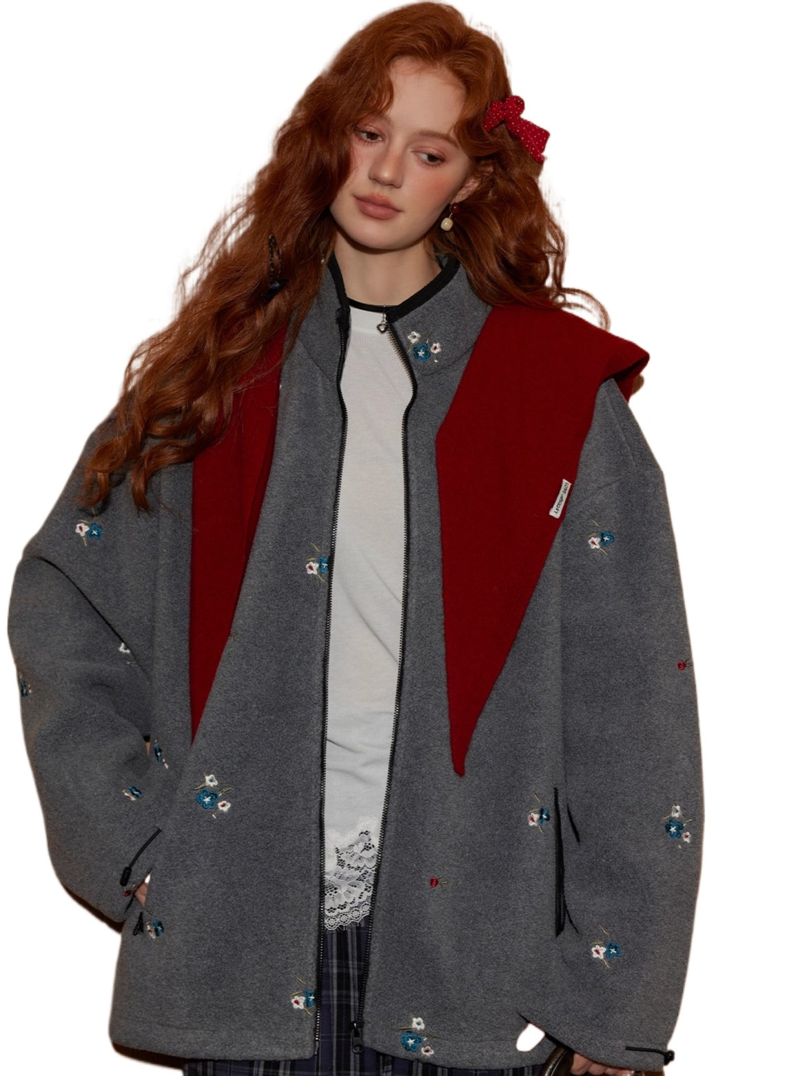 Floral Embroidered Plaid Fleece Oversized Jacket