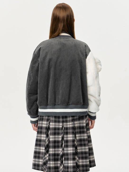 Bear Sleeve Corduroy Baseball Jacket - CHINASQUAD