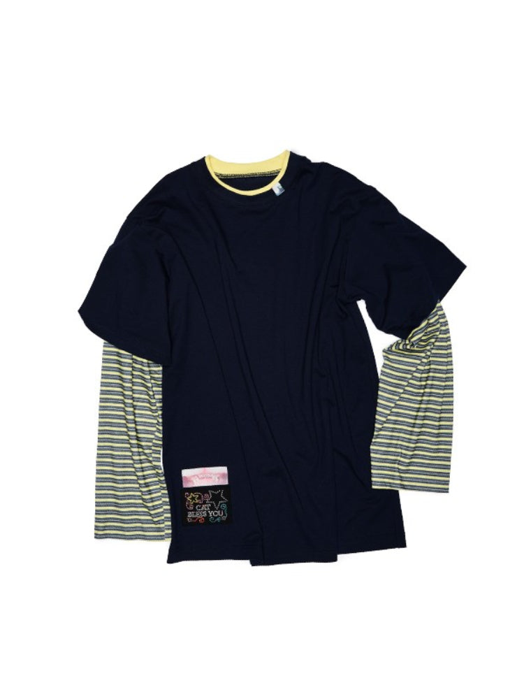 Fake Two-Piece Contrast Color Loose Striped T-Shirt - CHINASQUAD