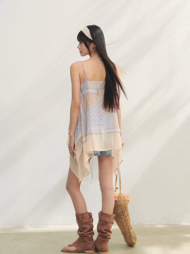 Irregular Beaded Strappy Printed Slip Dress - CHINASQUAD