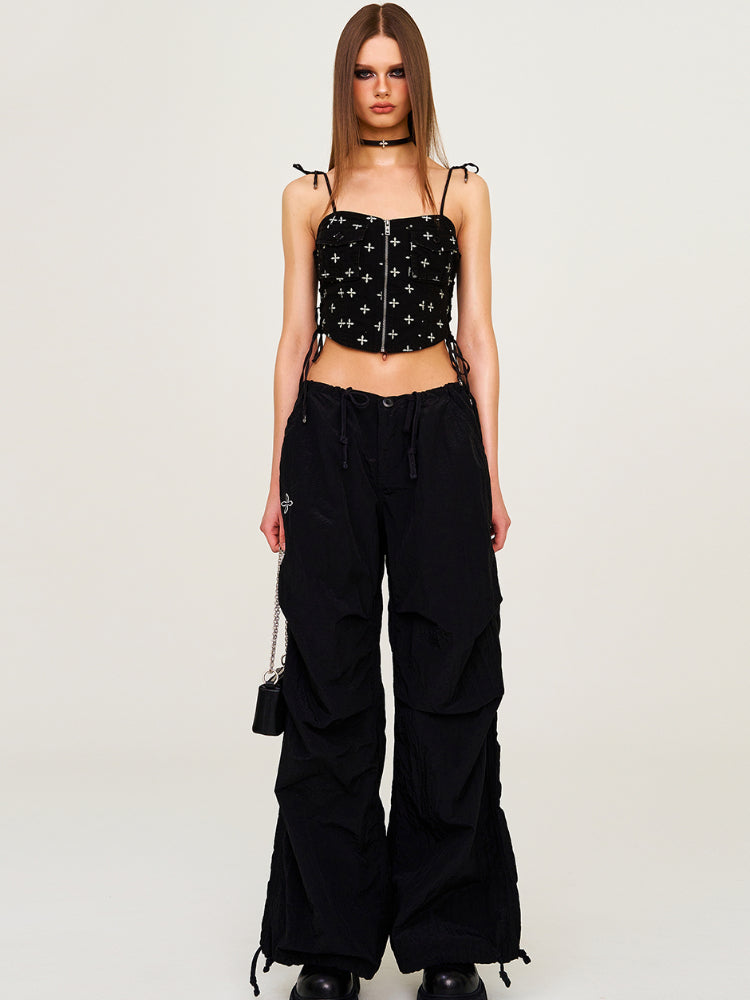 Drawstring Wide-Leg Cargo Workout Pants - CHINASQUAD