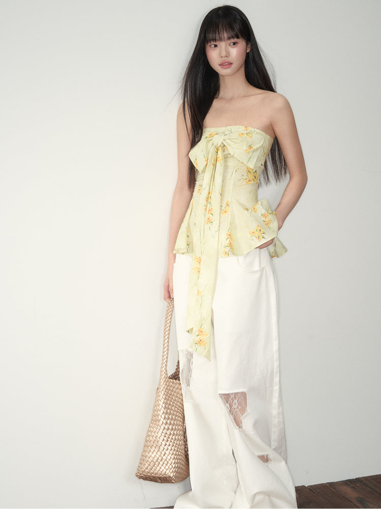 Yellow Floral Elastic Bow - adorned Strapless Top - CHINASQUAD