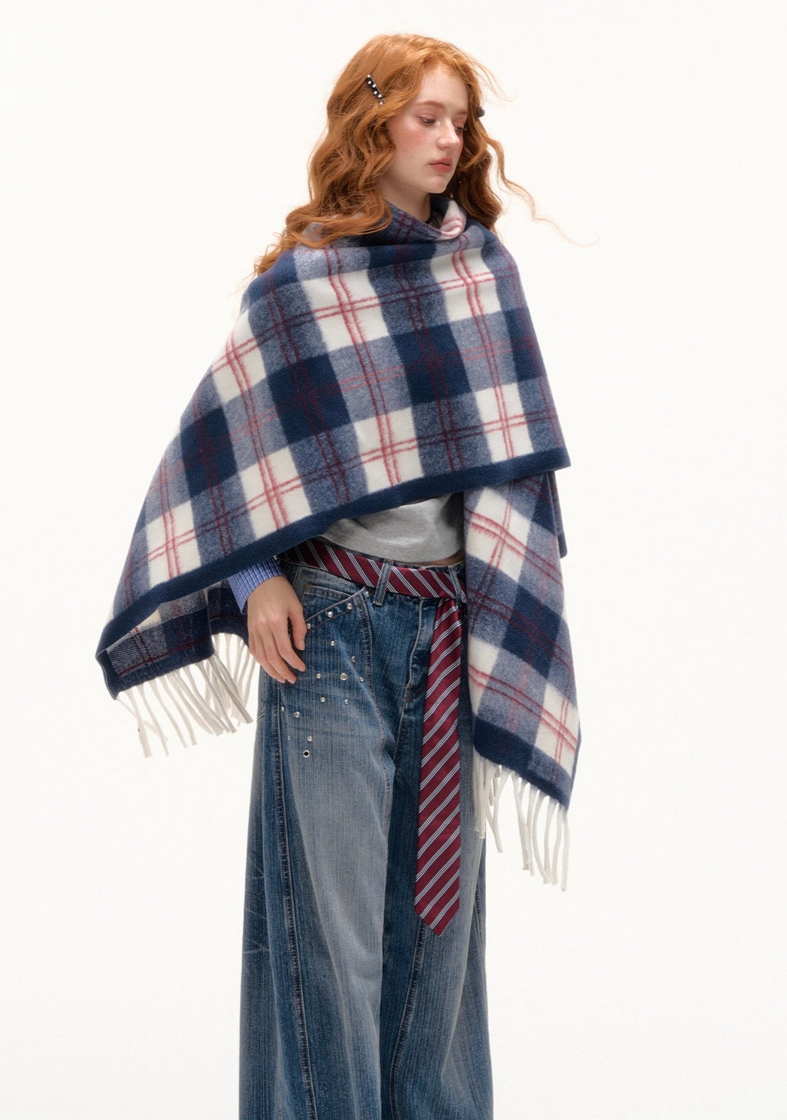 Color-Block Plaid Tassel Shawl Scarf - CHINASQUAD