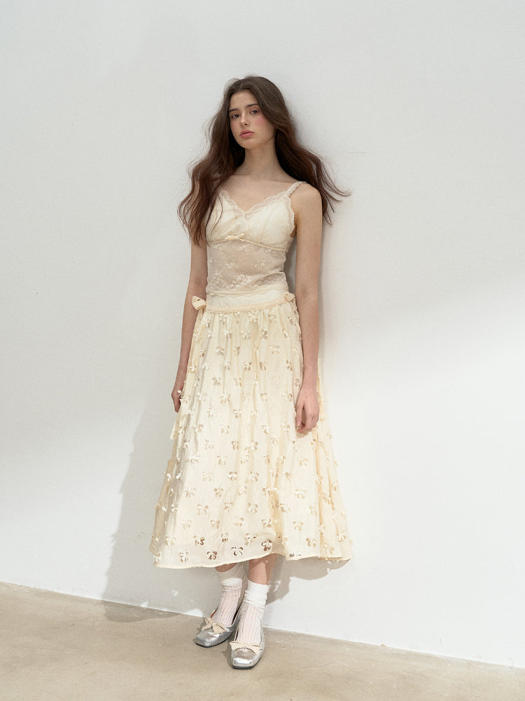Beige 3D Hollow Floral Umbrella Skirt - CHINASQUAD