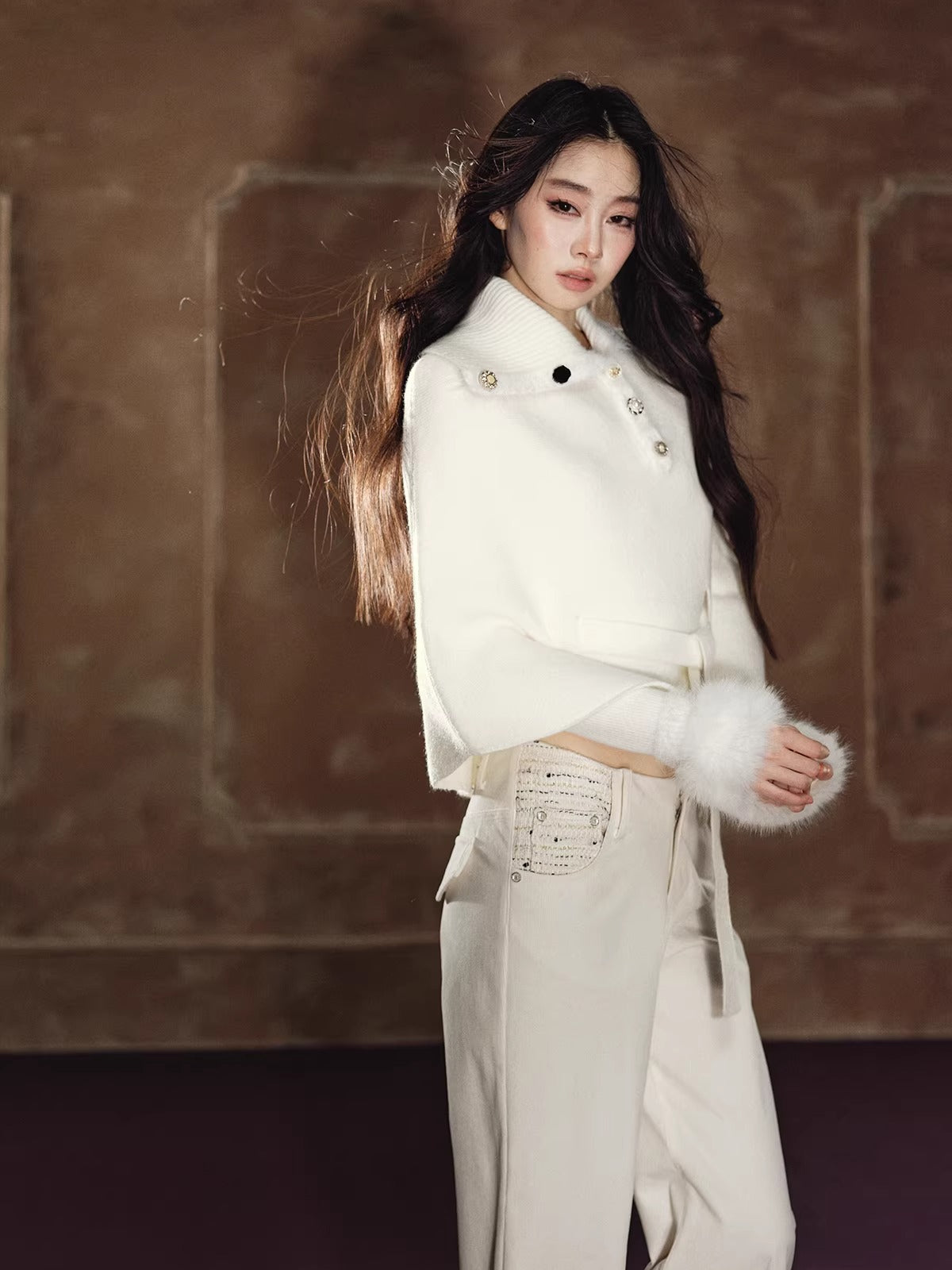 Faux Fur Base Top & Waist-Cinching Cape Knit Set