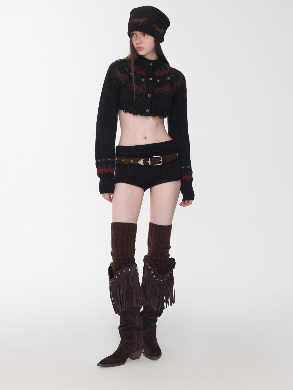 Fair Isle Pony Jacquard Knit Short Cardigan & Shorts Set