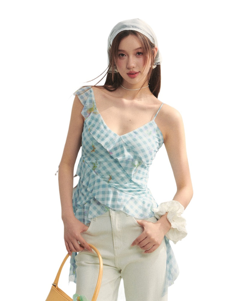 Blue Checkered Ruffled Print Slip Top - CHINASQUAD