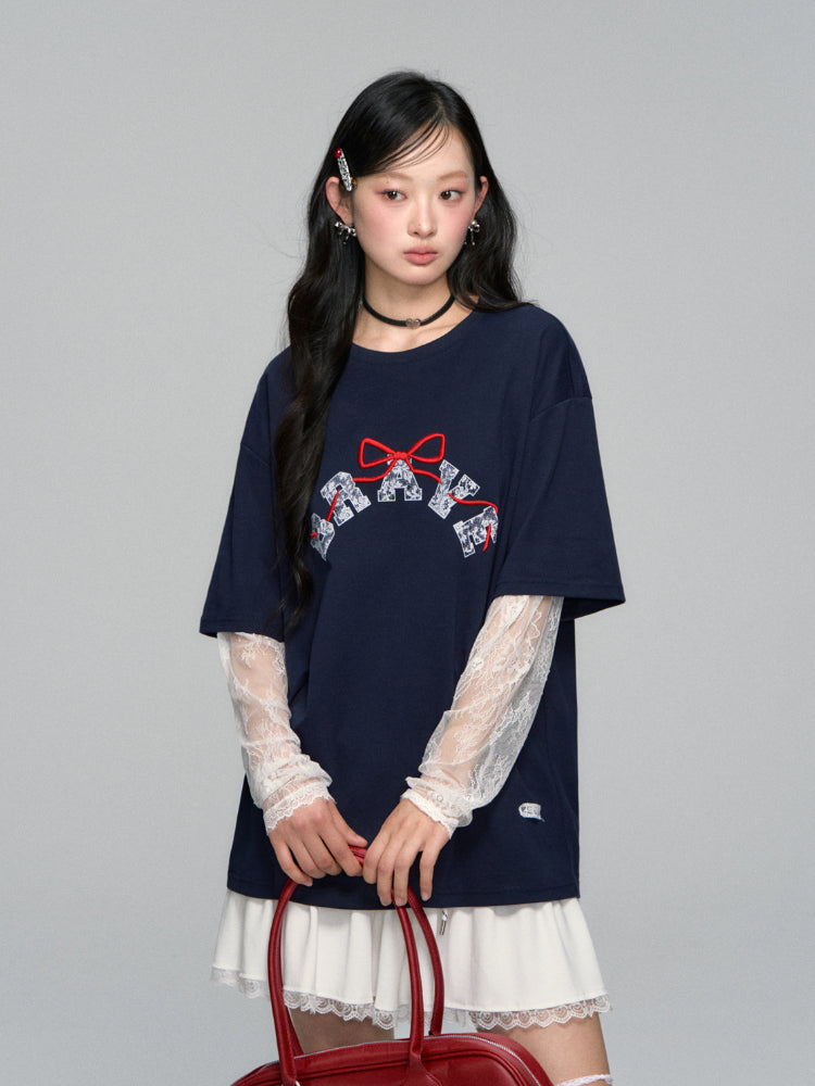Lace-spliced Alphabet Bow T-shirt - CHINASQUAD