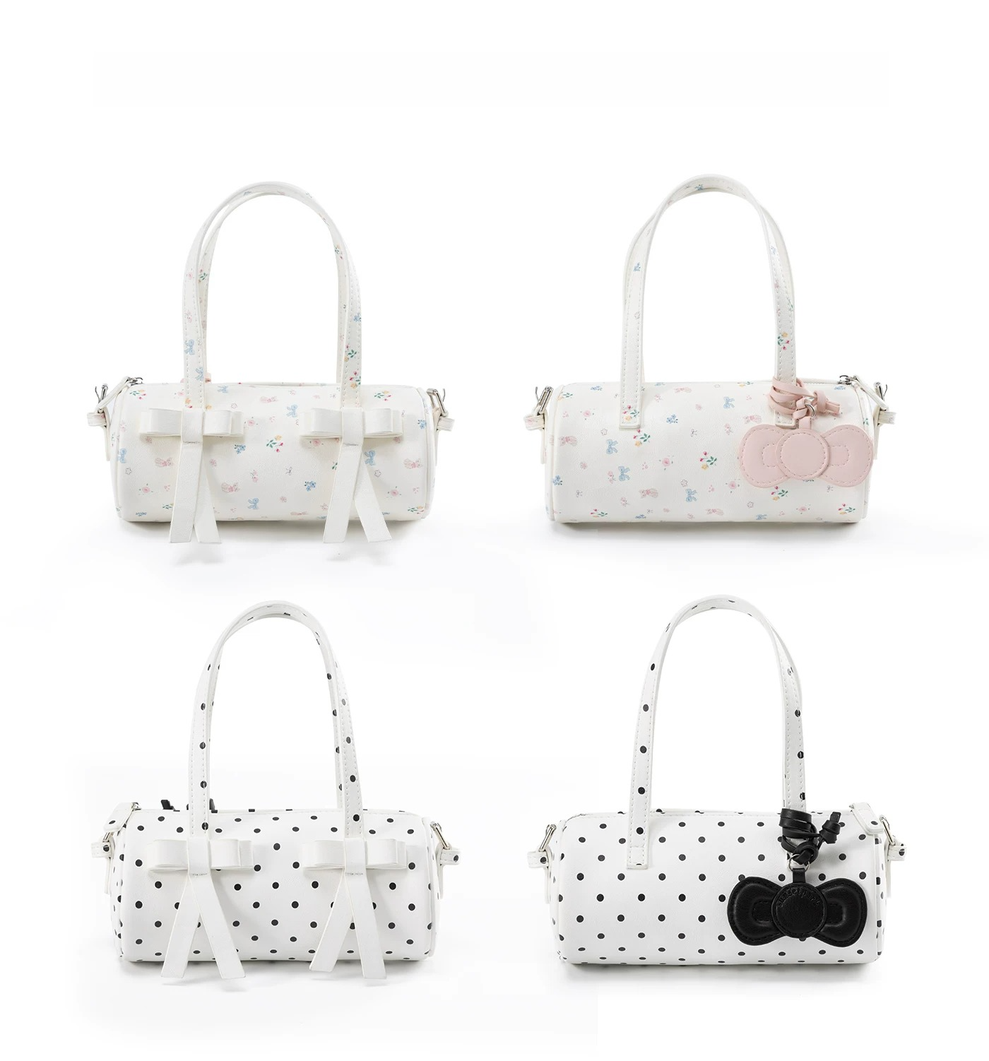 Bow-Accent Polka Dot & Floral Barrel Bag