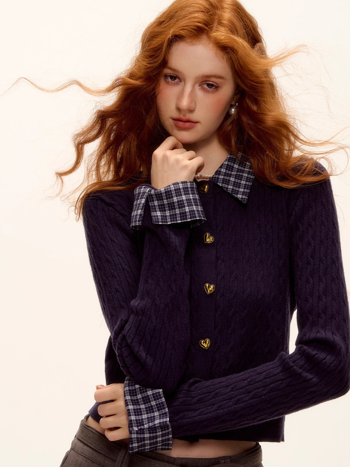 Wool Blend Plaid Patchwork Cable Knit Cardigan