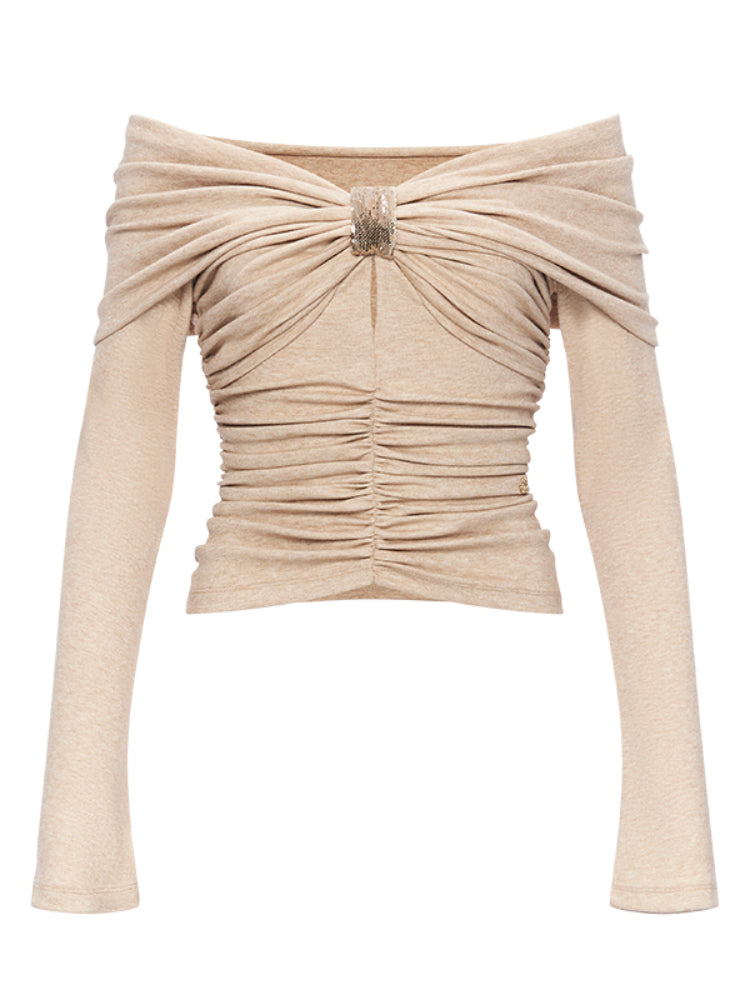 Ruched Off-Shoulder Slim-Fit Knit Top - CHINASQUAD