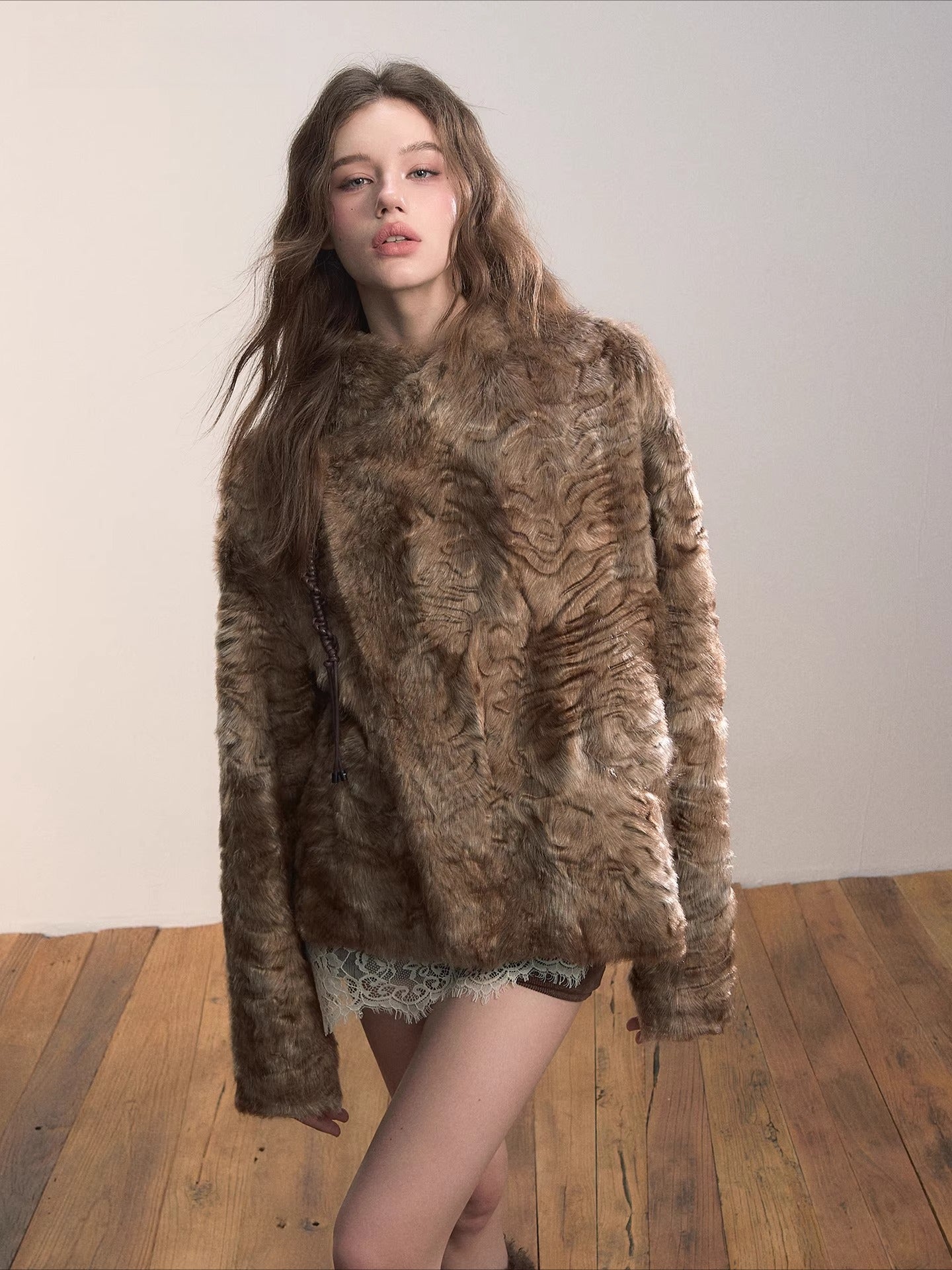 Textured Faux Fur Oversized Lapel Jacket
