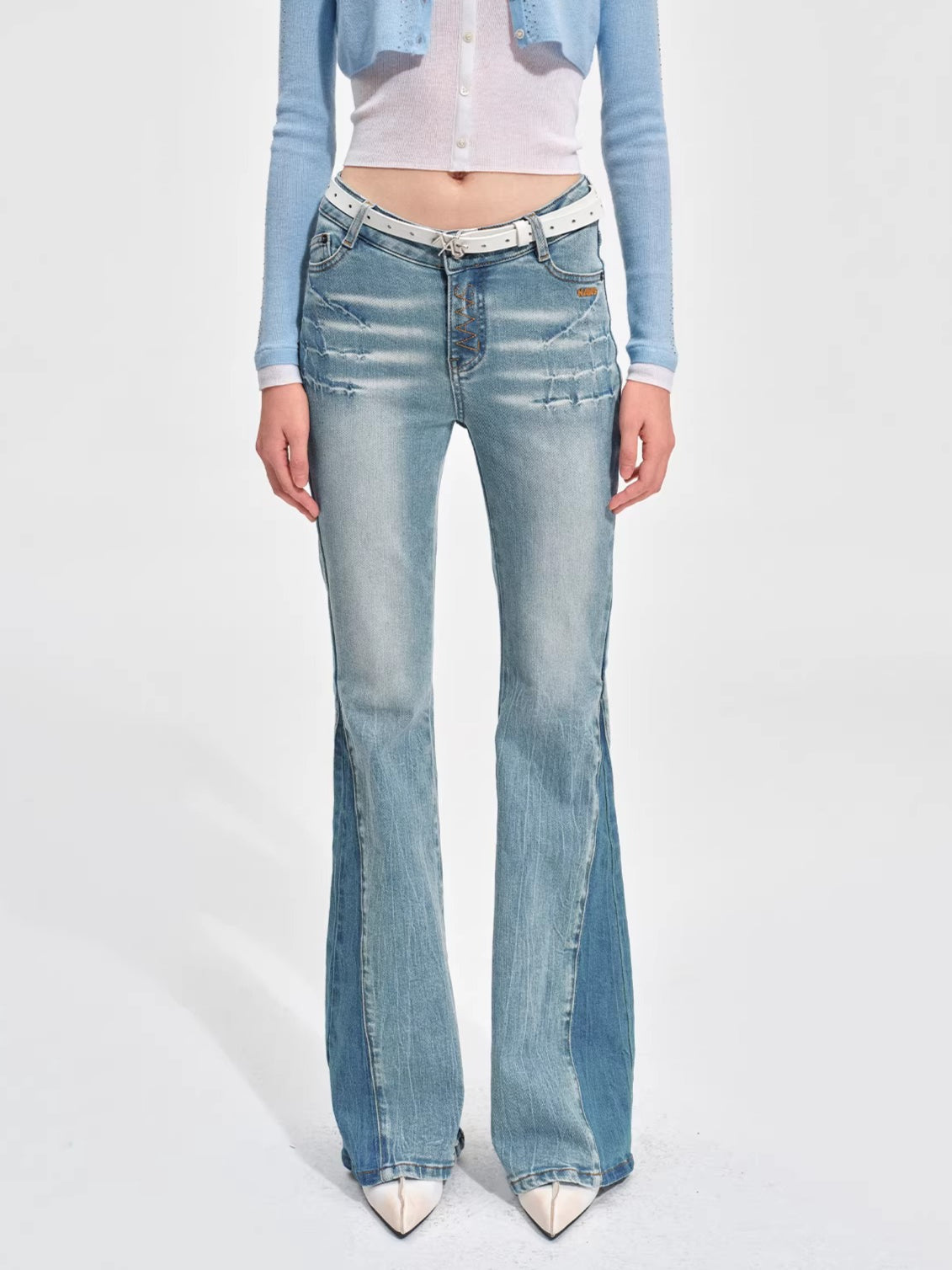Vintage-Washed Skinny Micro-Flare Denim Jeans