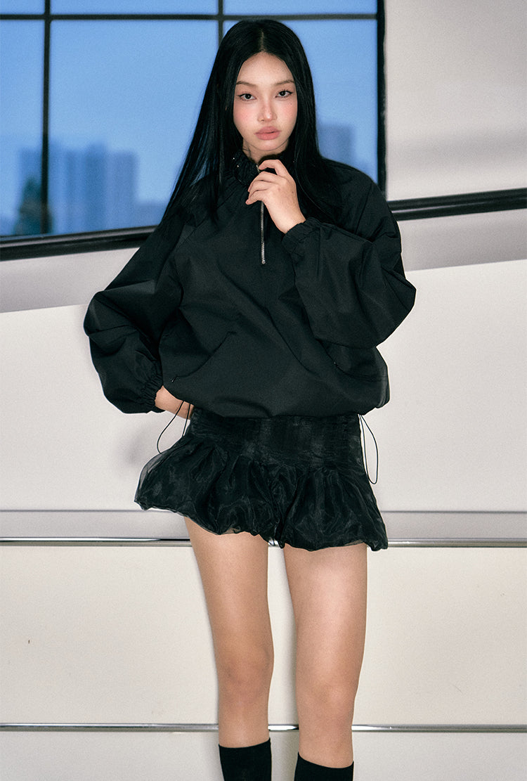 Flower Bud Zipper Jacket & Mesh Skirt Set - CHINASQUAD