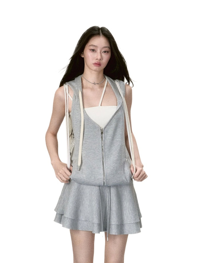 Gray Sleeveless Hooded Dress - CHINASQUAD