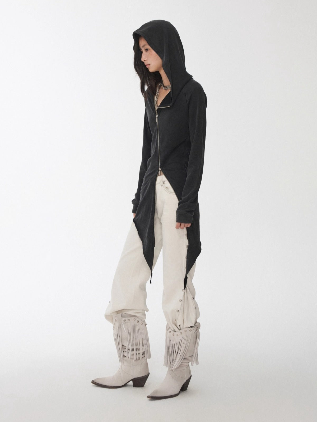 Washed Rhinestone Studded Deconstructed Hoodie Dress - CHINASQUAD