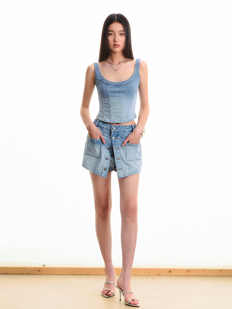 Twill Denim Big U-neck Waist Cinching Vest - CHINASQUAD