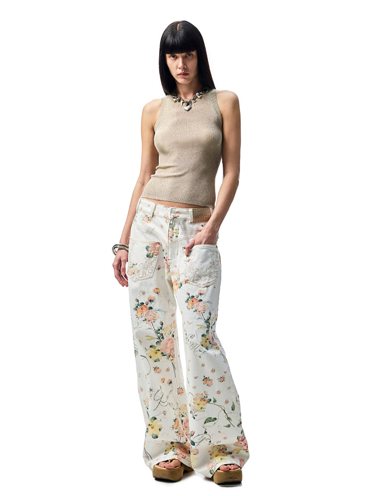 Floral Print Low-Waist Trousers - CHINASQUAD