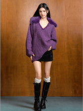 Removable Fur Collar Tweed V-neck Blouse - CHINASQUAD
