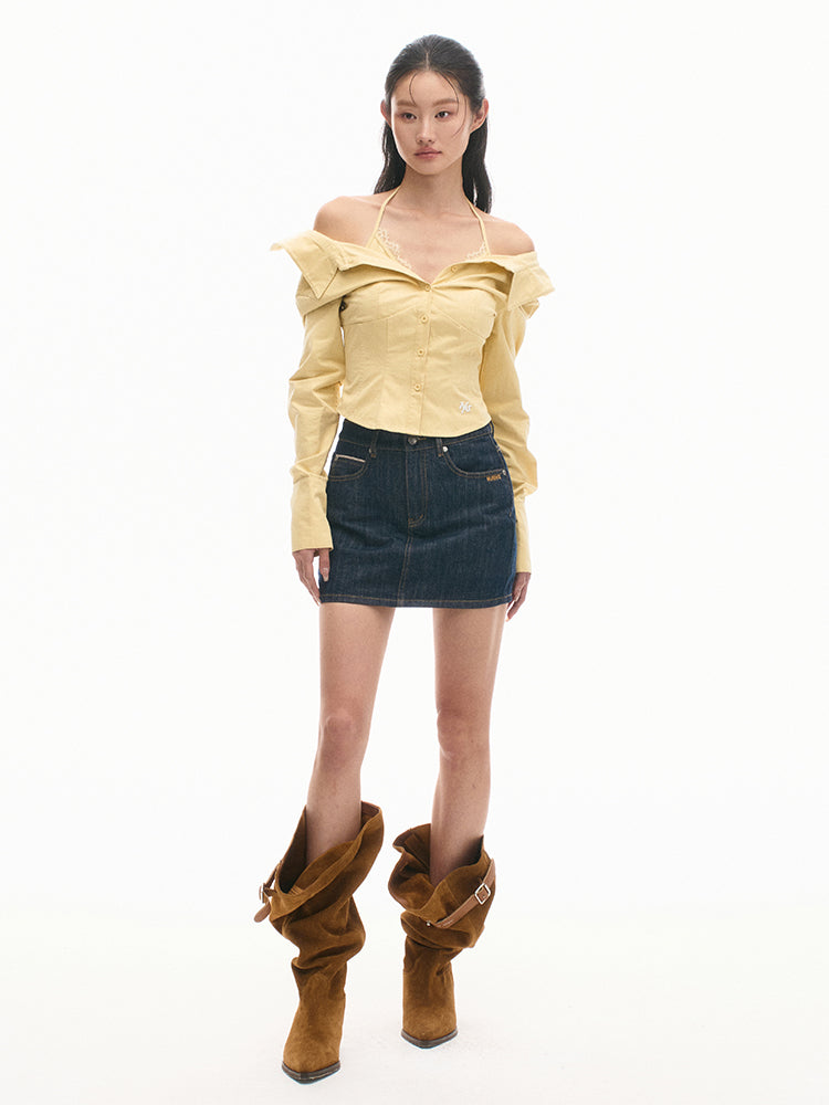 Two-in-One Off-Shoulder Slim-Fit Long-Sleeve Cotton Shirt - CHINASQUAD