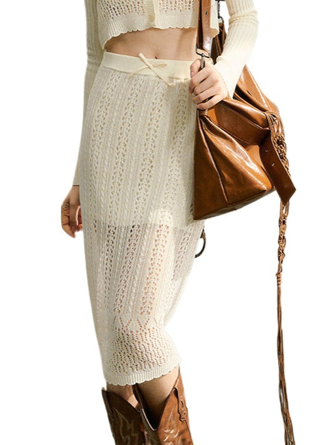 Beige Knitted Lightweight Midi Skirt - CHINASQUAD