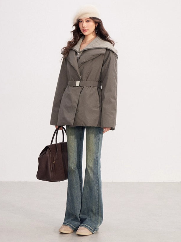 Belted Contrast-Knit Collar Down Coat