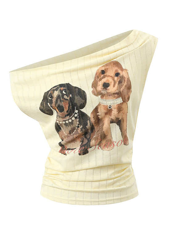 Puppy Print Off-Shoulder Tee - CHINASQUAD