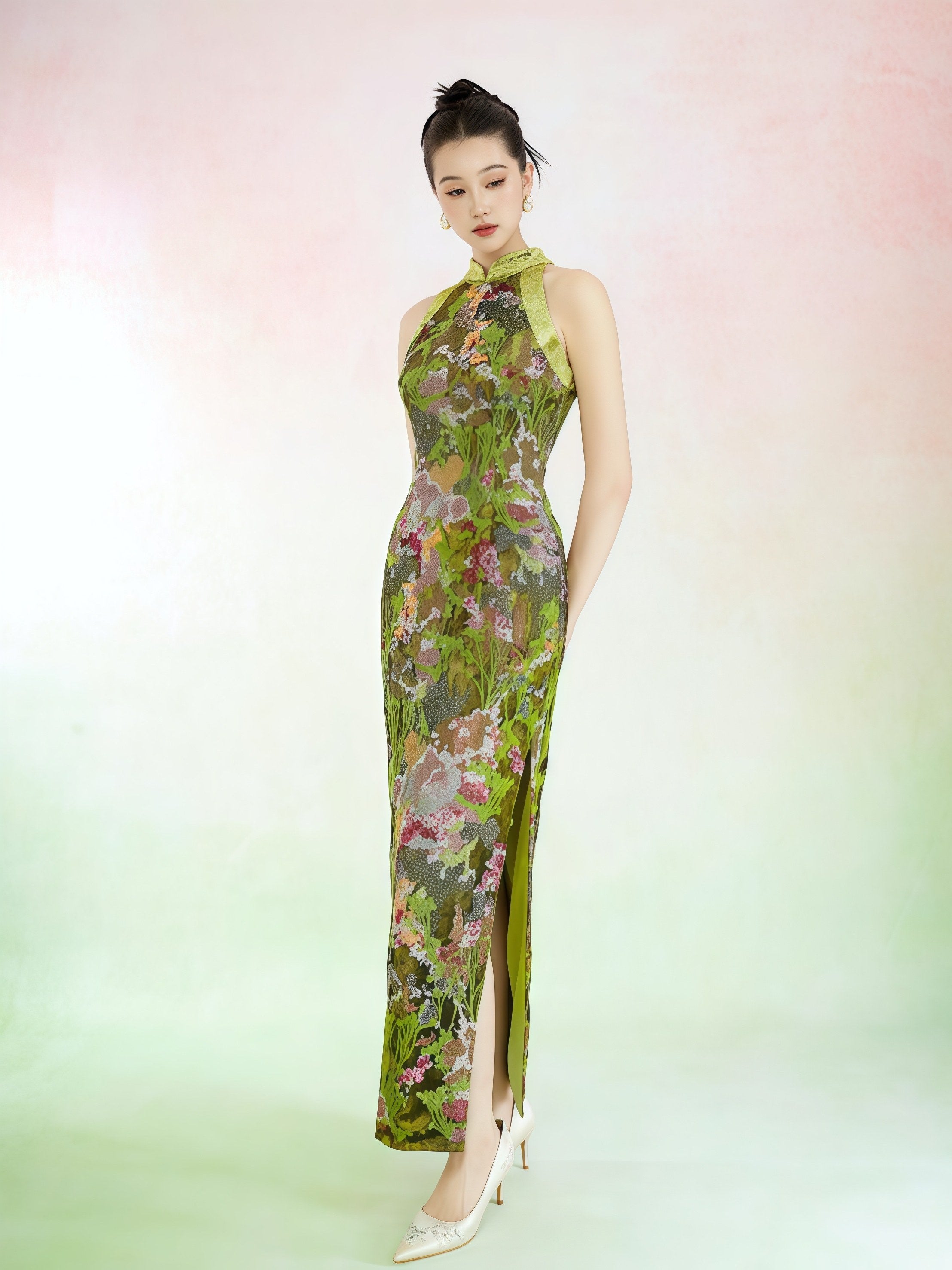 Green Floral Halter Cheongsam Maxi Dress