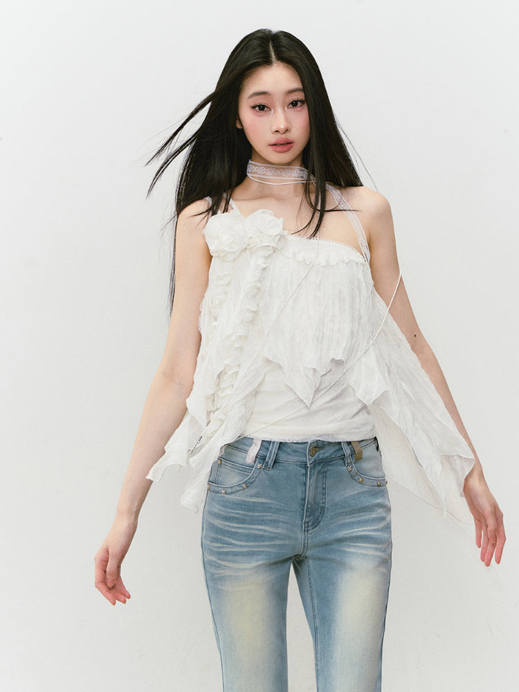 Heavy-Duty Floral Asymmetric Lace Camisole - CHINASQUAD