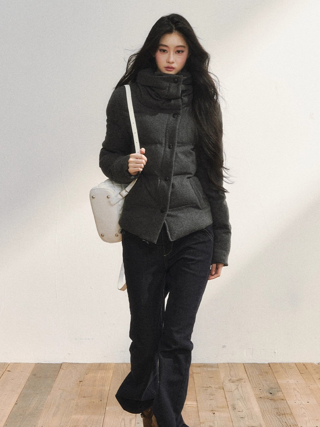 Gray Wool-Blend Quilted Short Puffer Jacket