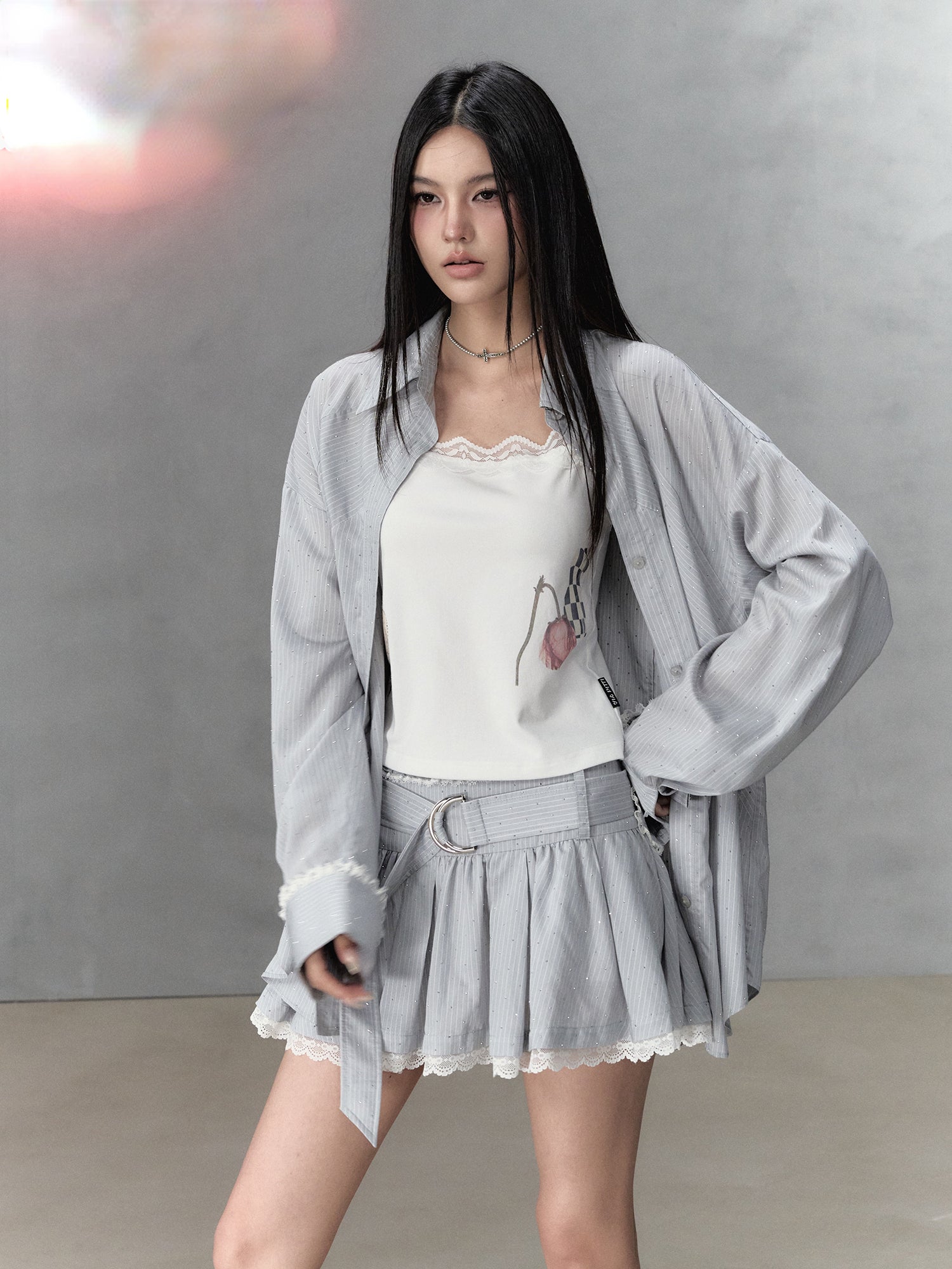 Shiny Rhinestone Striped Lace Patchwork Shirt & Skirt - CHINASQUAD