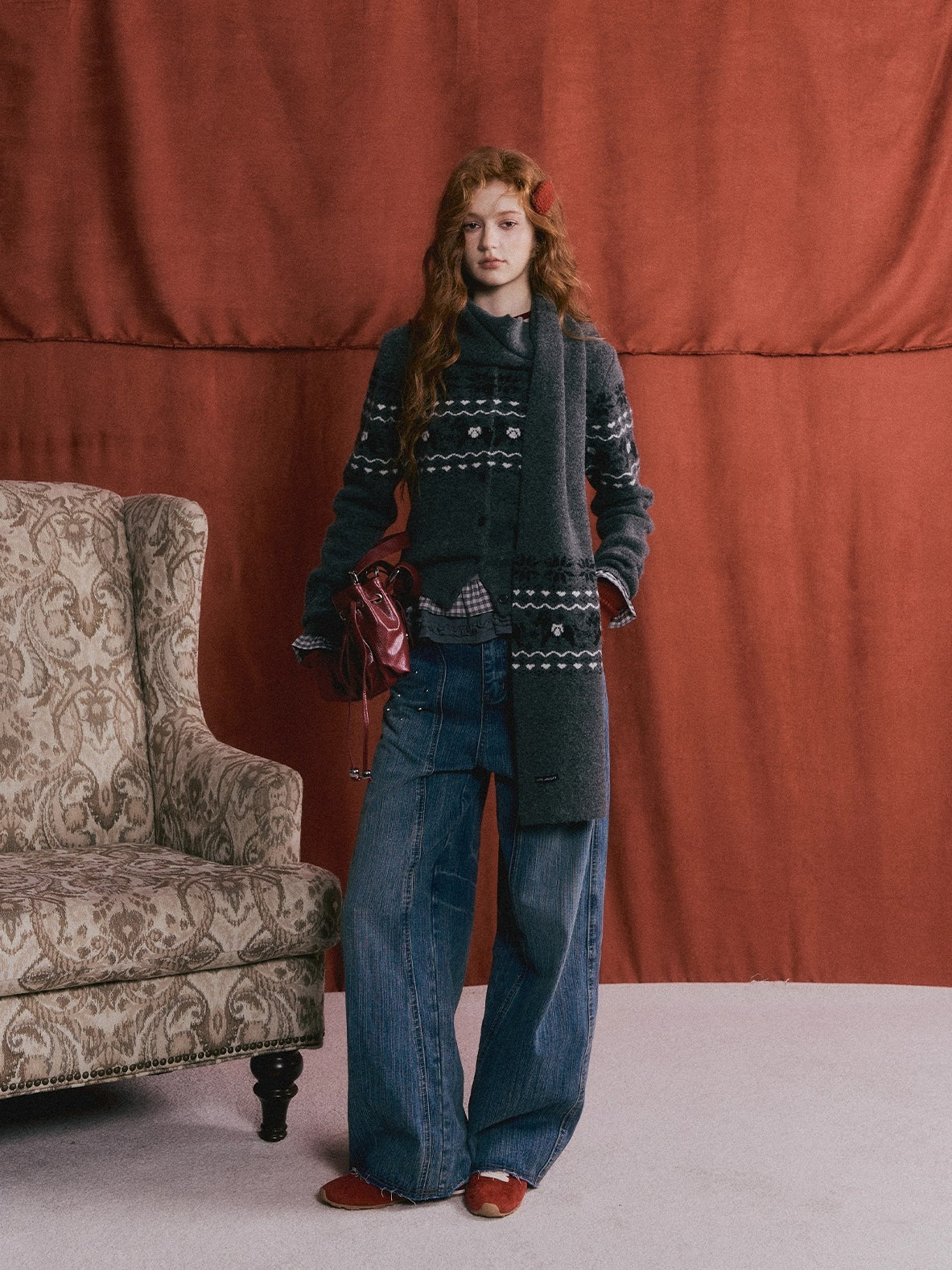 Fair Isle Wool-Blend Knit Cardigan & Scarf Set