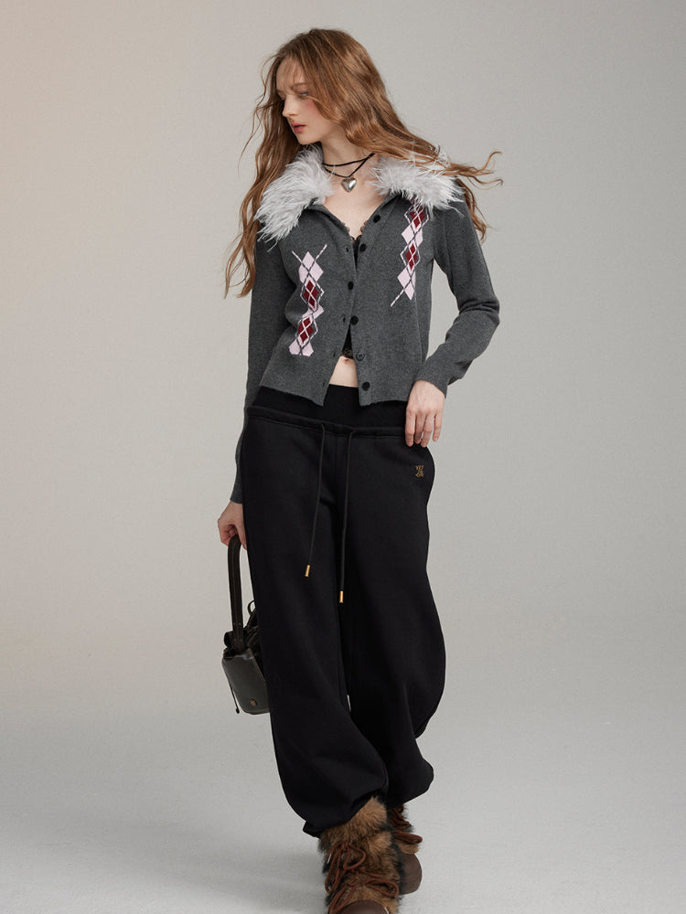 Detachable Fur Collar Quilted Knit Cardigan - CHINASQUAD