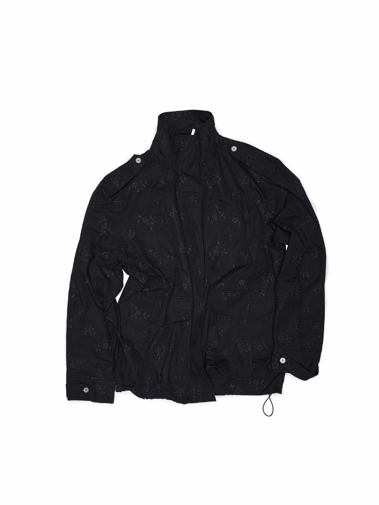 Embroidered Jacquard Multi-Pocket Stand-Collar Utility Jacket