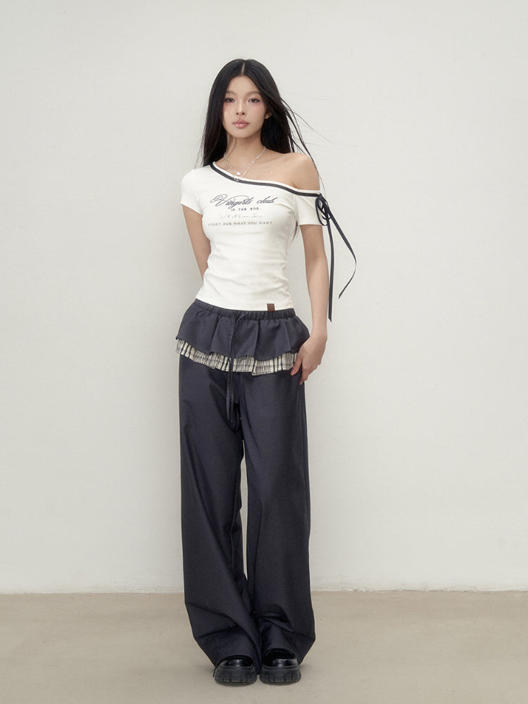 Off-Shoulder Letter Print Short Sleeve T-shirt - CHINASQUAD